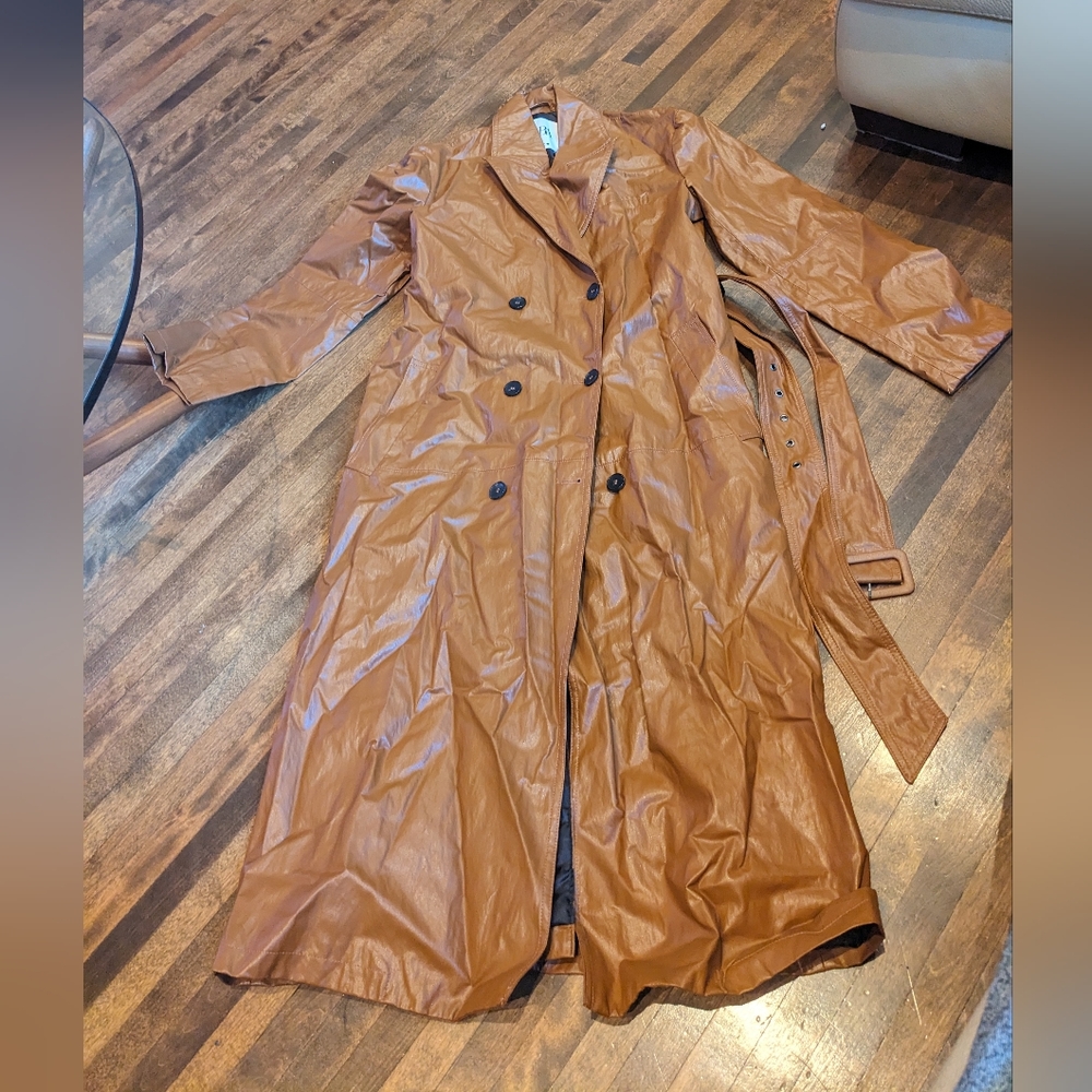 Zara patent leather brown double breasted coat